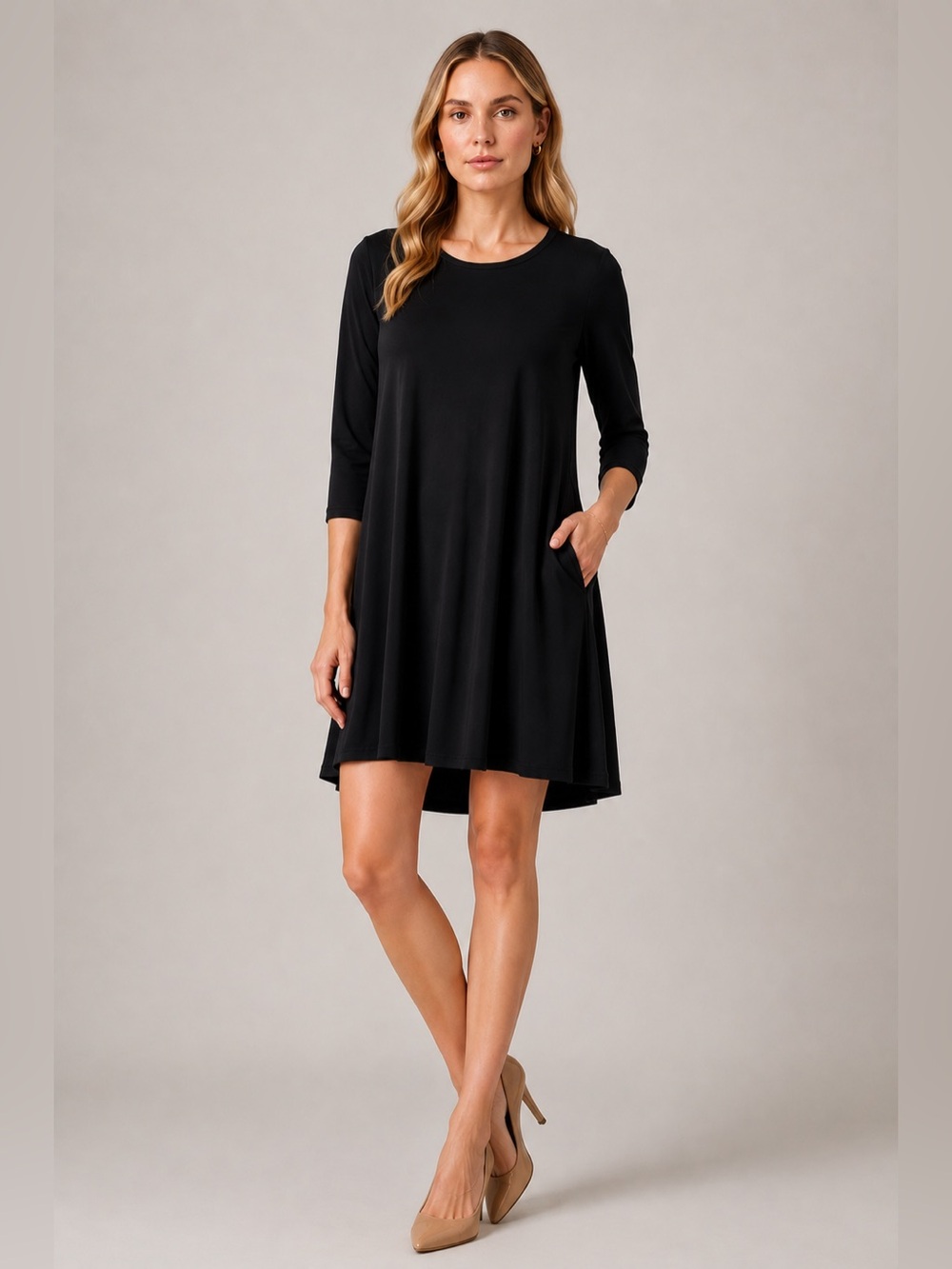 Leota Black Dress Large Solid Minimalist Stretch Flowy 3/4 Sleeves Pockets Swing